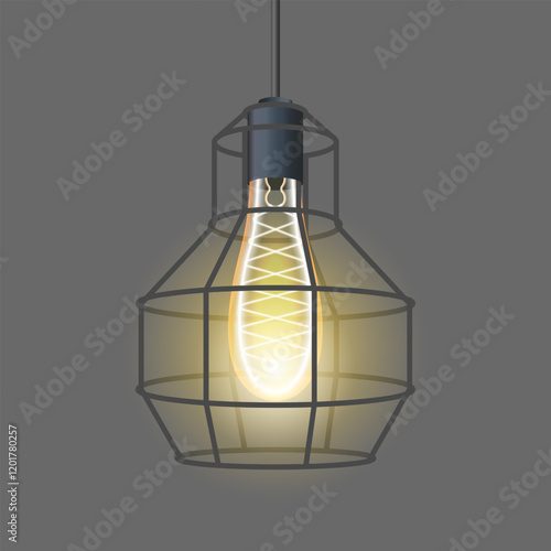 Lighting. Industrial-style pendant lamp with filament bulb enclosed metal cage. Modern decor, illumination, rustic design, interior lighting, and creative light fixtures for home or commercial spaces