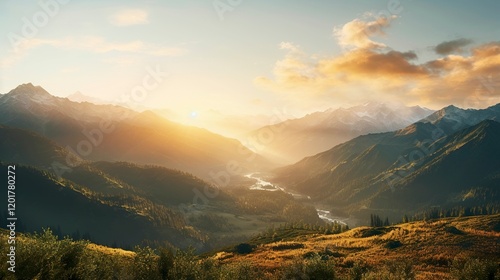 A photo of a majestic mountain range at sunrise