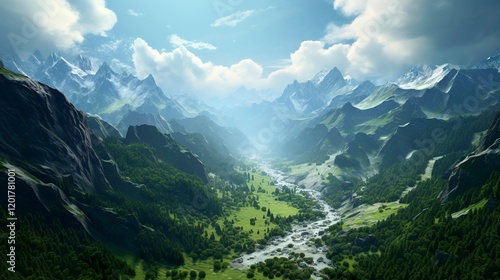 A photo of a majestic mountain range with a river