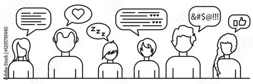 Thin line icons of people communicating. Online communication. Chatting with friends.
