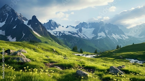 A photo of a majestic mountain range with alpine