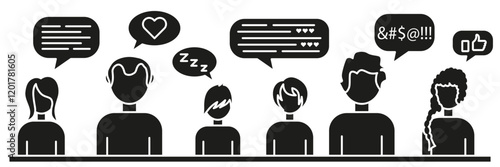 Communication with friends dark icons. Icons of people communicating. Online communication.