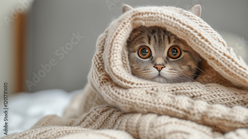 Adorable Cat Snuggled in a Cozy Knit Blanket.. photo