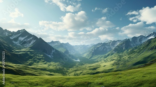 A photo of a majestic mountain range with rolling hill