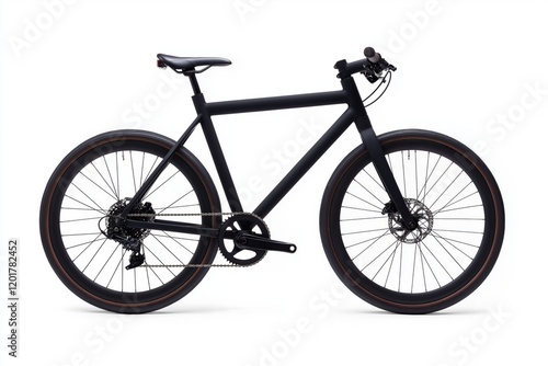 A black bicycle with a black seat and a black handlebar. The bike is parked on a white background photo