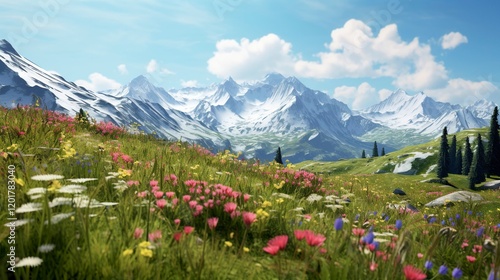 A photo of a majestic mountain range with wildflower