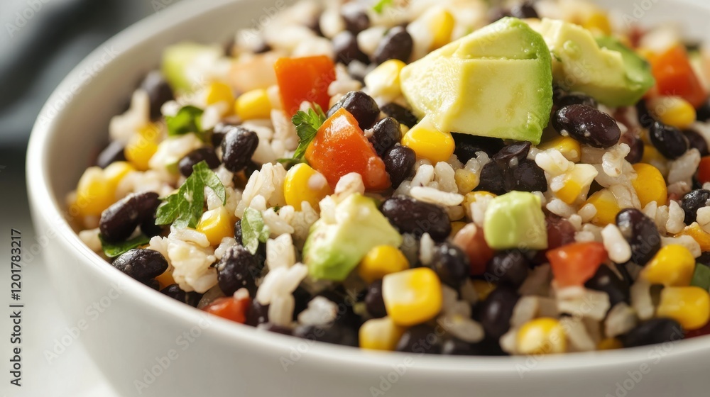 Image of rice and black bean and corn salad with avocado in a white bowl, emphasizing colorful and nutritious qualities. Ideal for light meals and vegetarian options. Image of rice and black bean and corn salad with avocado in a white bowl, emphasizing colorful and nutritious qualities. Ideal for light meals and vegetarian options.