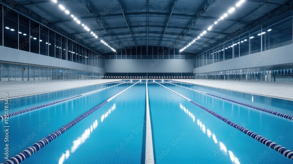 Modern Indoor Swimming Pool with Lanes, Bright Lighting, and Clear Water for Training or Recreation Activities Modern Indoor Swimming Pool with Lanes, Bright Lighting, and Clear Water for Training or Recreation Activities