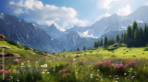A photo of a majestic mountain range with wildflower