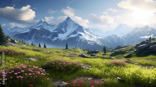 A photo of a majestic mountain range with wildflower