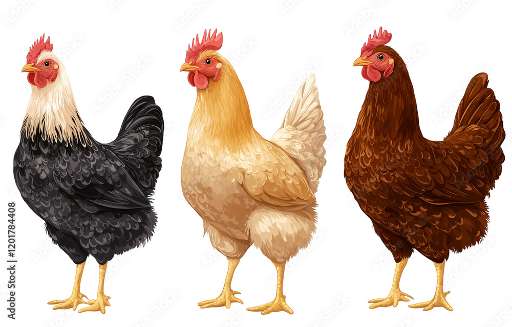 Fototapeta premium 3 different chickens isolated on a transparent background, PNG