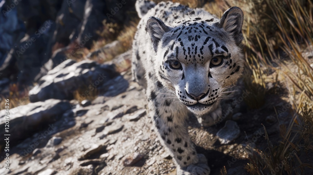 Obraz premium Close-up of a snow leopard walking on rocky terrain.