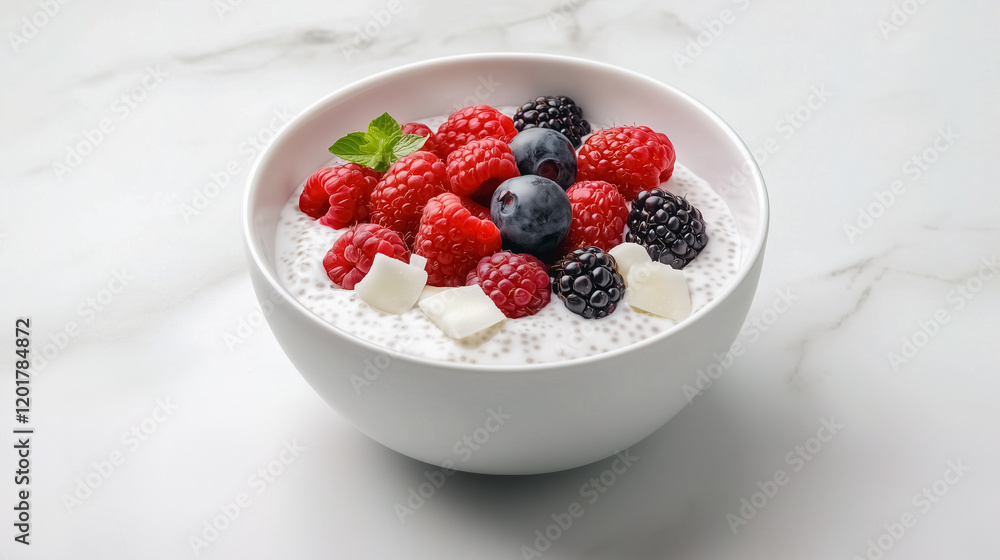 Delicious chia pudding parfait with fresh berries and coconut flakes in a white bowl. Delicious chia pudding parfait with fresh berries and coconut flakes in a white bowl.