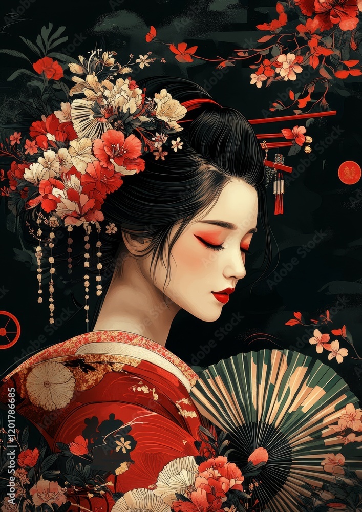 Elegant Japanese Geisha Surrounded by Floral Beauty Elegant Japanese Geisha Surrounded by Floral Beauty