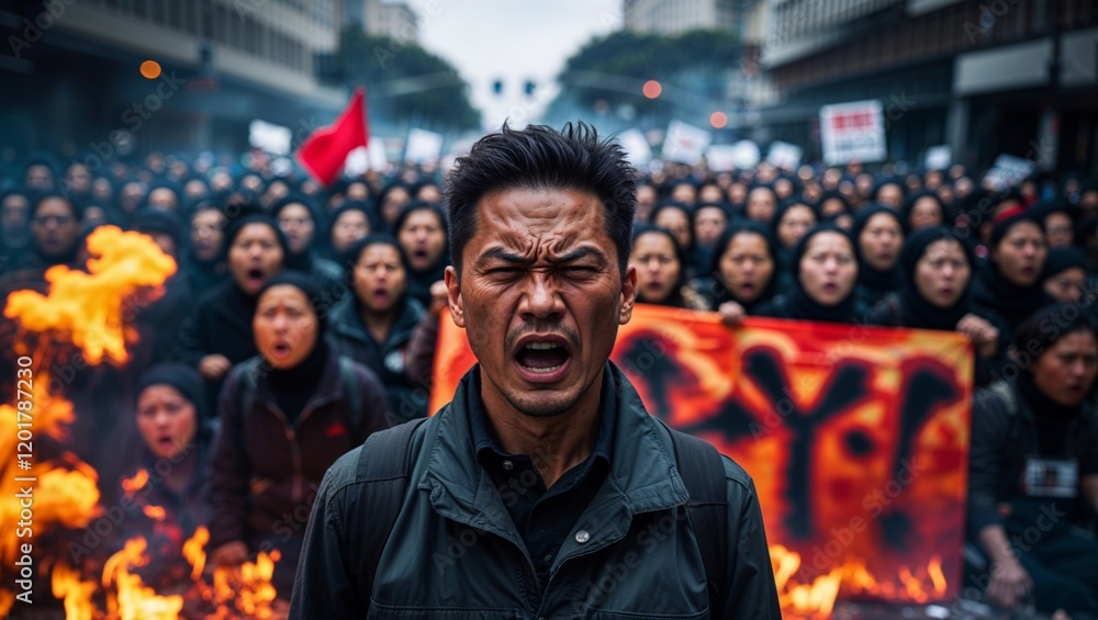 Protesters chant passionately during a demonstration in a busy urban area Protesters chant passionately during a demonstration in a busy urban area