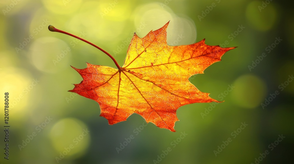 Single autumn maple leaf floating on blurred background. Single autumn maple leaf floating on blurred background.