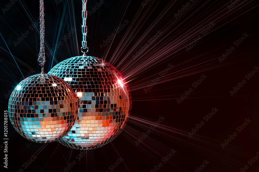 Obraz premium Disco balls reflecting light on dark background. Nightclub decoration