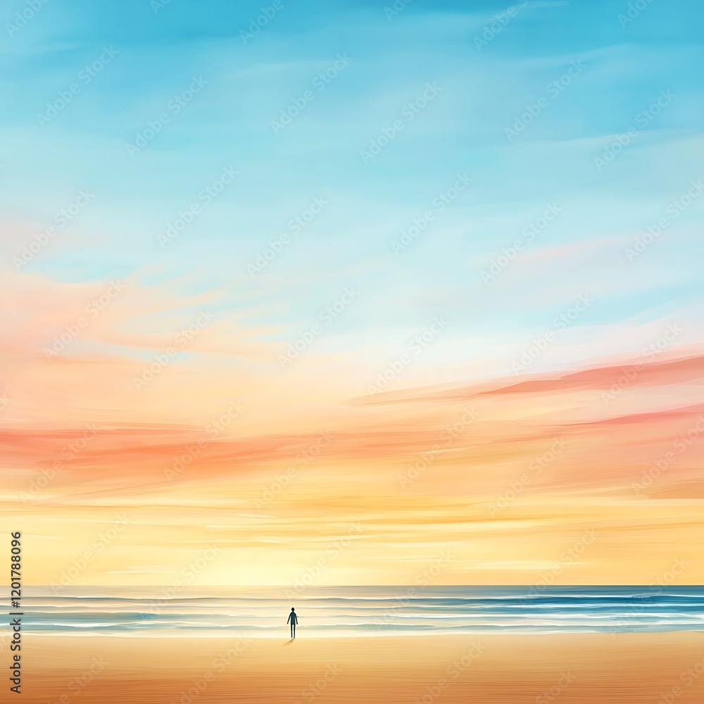 Obraz premium Artwork showing a serene beach scene with a person walking along the shore at sunrise