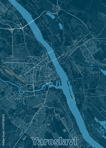 The image depicts a detailed map of Yaroslavl, a city in Russia. The map is rendered in a minimalist style with a dark blue background and white lines representing roads, streets, and waterways.