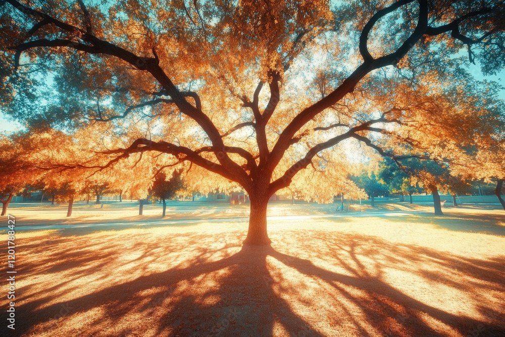 A creative image of a shadow cast by a tree, with the outline stretching across a sunny park A creative image of a shadow cast by a tree, with the outline stretching across a sunny park