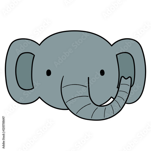 Hand drawn cartoon cute elephant face on white background.