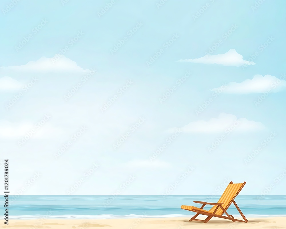 Artwork showing a tranquil beach scene with a person lying on a lounge chair Artwork showing a tranquil beach scene with a person lying on a lounge chair