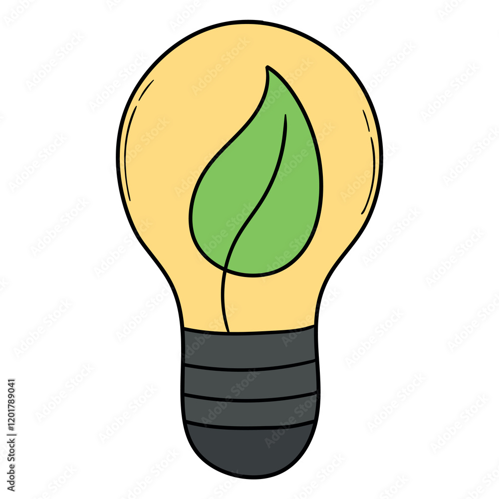 Hand drawn cartoon green leaf inside the light bulb on a white background. Hand drawn cartoon green leaf inside the light bulb on a white background.