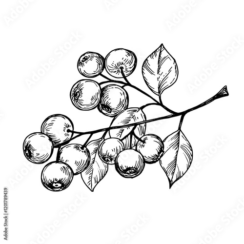 Blueberry on a branch sketch ink graphic illustration, draft silhouette drawing, black on white line art. Botanical vintage etching food design.