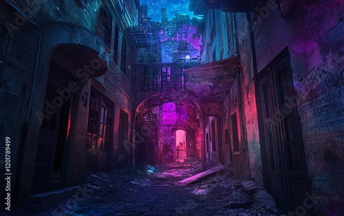 Neon-lit alleyway in a decaying city at night. Vibrant purple and blue hues illuminate the crumbling architecture and narrow passage.  Mysterious and atmospheric. photo