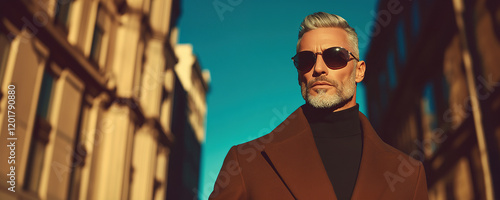 High fashion concept. Portrait of fashionable mature male model walking in luxurious clothing among Paris buildings. Luxury brands campaign style. Banner. Text space. Outdoor shot