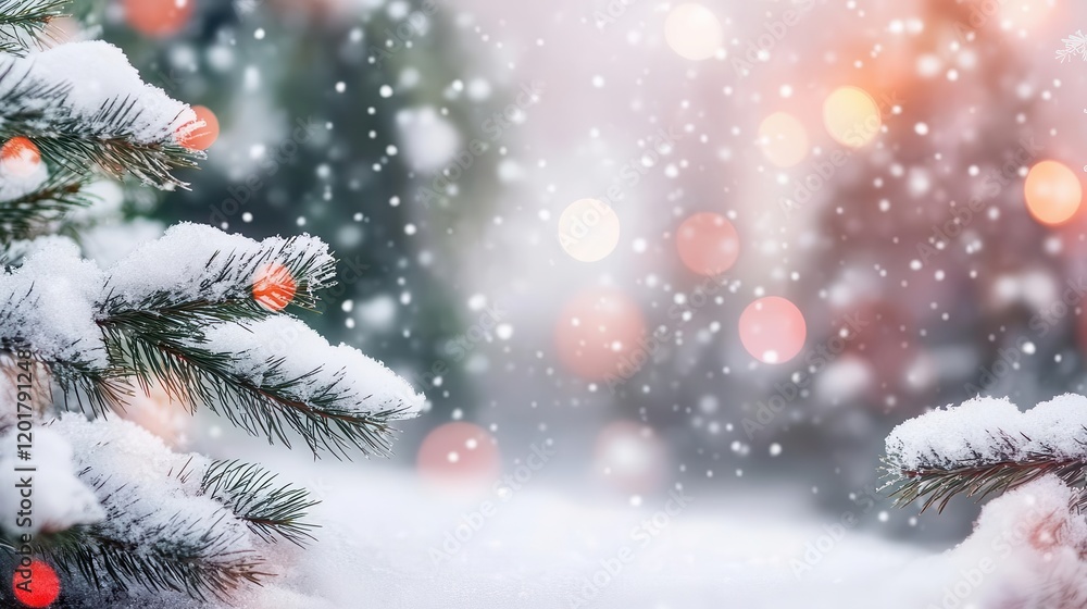 A winter background image showing snow falling on pine tree branches with blurred lights in the background A winter background image showing snow falling on pine tree branches with blurred lights in the background