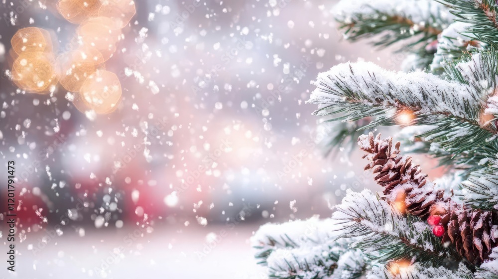 A winter background image showing snow falling on pine tree branches with blurred lights in the background A winter background image showing snow falling on pine tree branches with blurred lights in the background