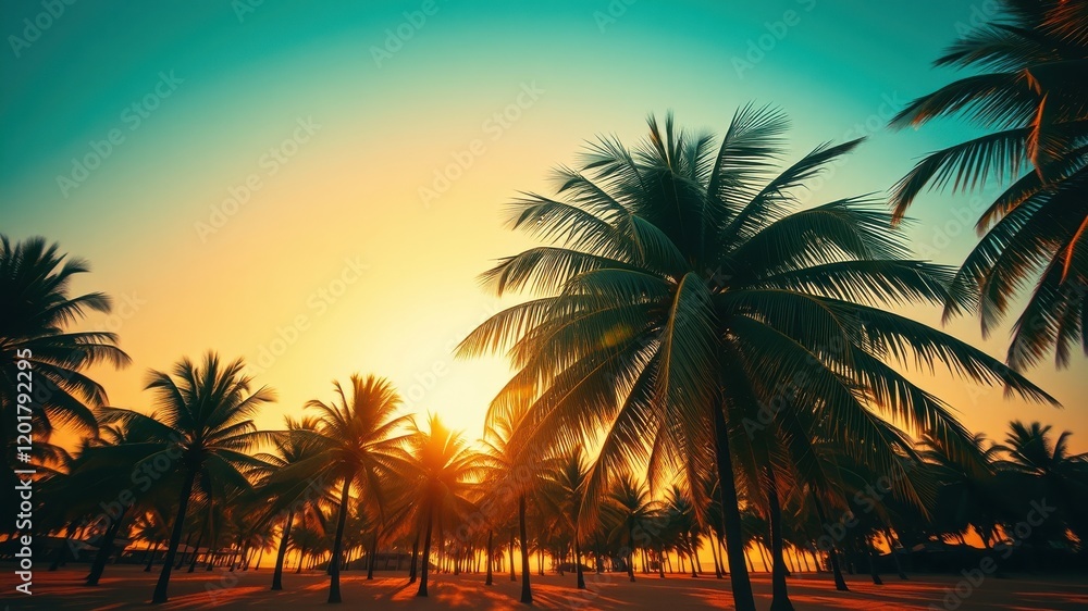 Obraz premium Silhouettes of palm trees sway gently in the golden light of a tropical sunset, casting long shadows across the sandy beach.