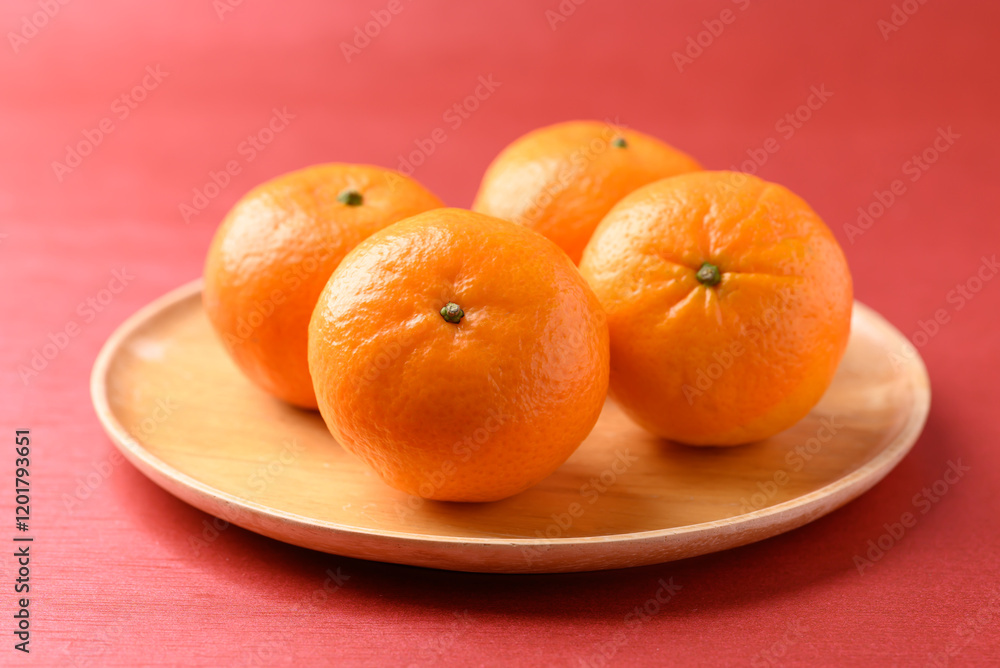 Mandarin tangerine orange fruit on wooden plate with red background, Lucky food in Lunar New Year or Chinese New Year Mandarin tangerine orange fruit on wooden plate with red background, Lucky food in Lunar New Year or Chinese New Year