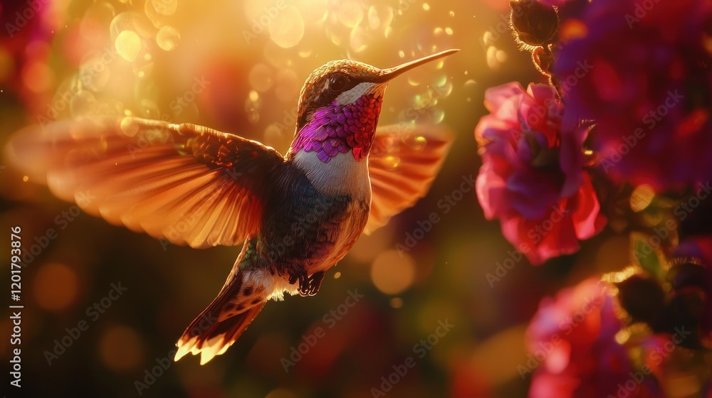 Hummingbird in flight, feeding on pink flowers in golden sunlight. Hummingbird in flight, feeding on pink flowers in golden sunlight.