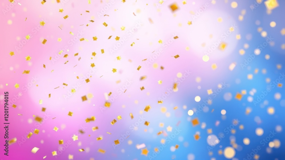Abstract Festive Background with Golden Confetti Falling on Pink and Blue Gradient Abstract Festive Background with Golden Confetti Falling on Pink and Blue Gradient