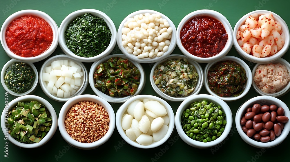 Assorted Sauces and Condiments in Small White Bowls Assorted Sauces and Condiments in Small White Bowls