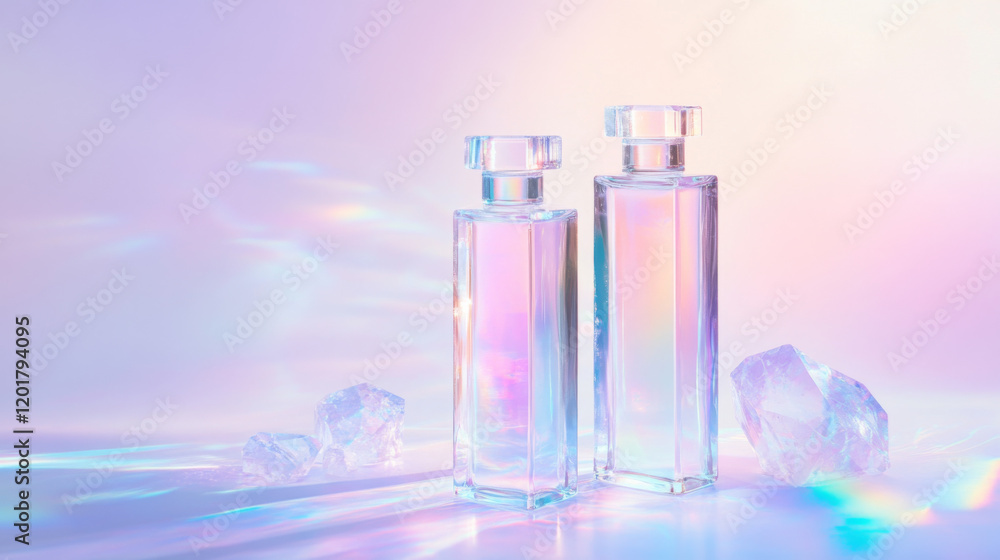 Holographic Bottles Reflecting Light With Sparkling Crystals on a Softly Lit Background Holographic Bottles Reflecting Light With Sparkling Crystals on a Softly Lit Background