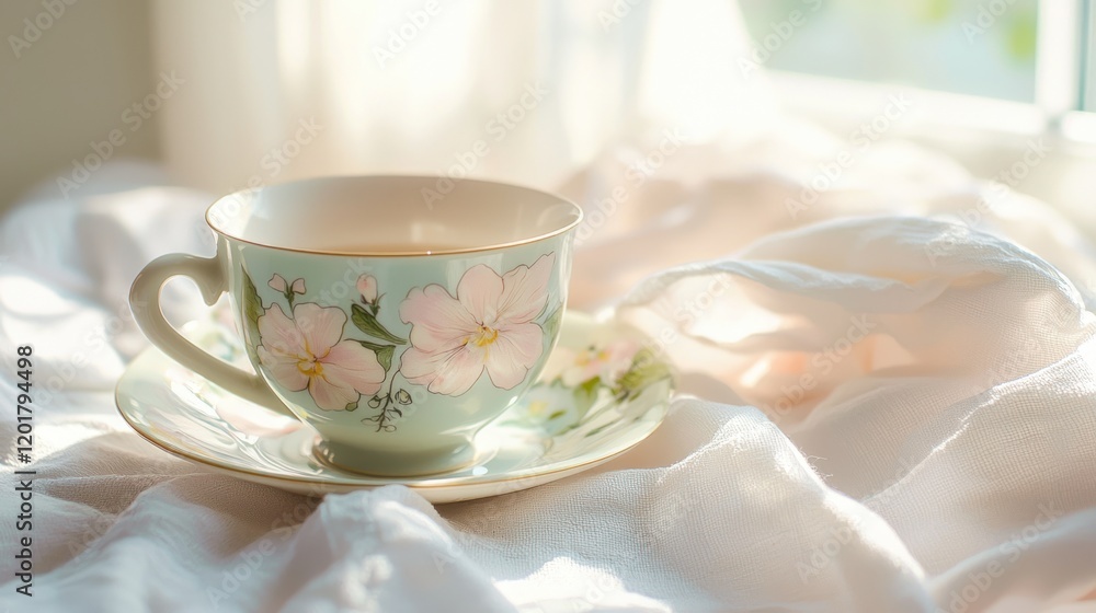 Teacup with floral design on saucer, sunlight. Teacup with floral design on saucer, sunlight.