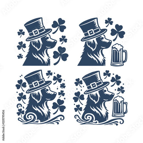 St. Patrick's Day Dog with Clover Hat Vector Silhouette Set Design Illustration