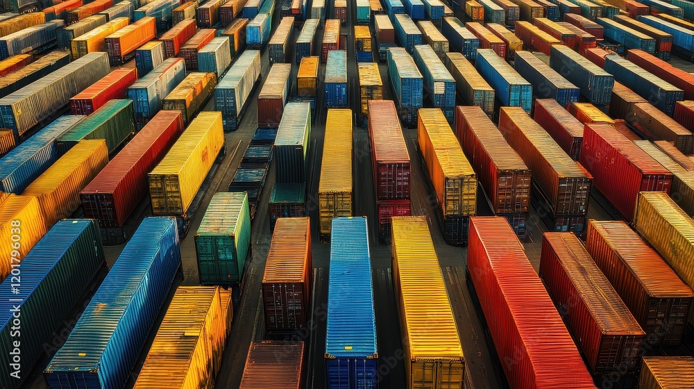 Obraz premium A massive shipping container yard, viewed from above, organized rows of containers in different colors, efficiency in shipping