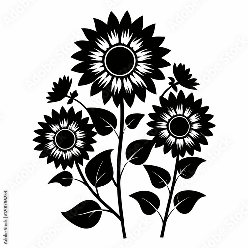 Sunflower Symphony: Black Silhouette Vector on White