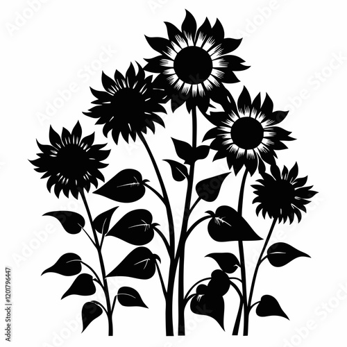 Sunflower Symphony: Black Silhouette Vector on White