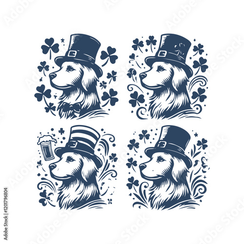 St. Patrick's Day Dog with Clover Hat Vector Silhouette Set Design Illustration