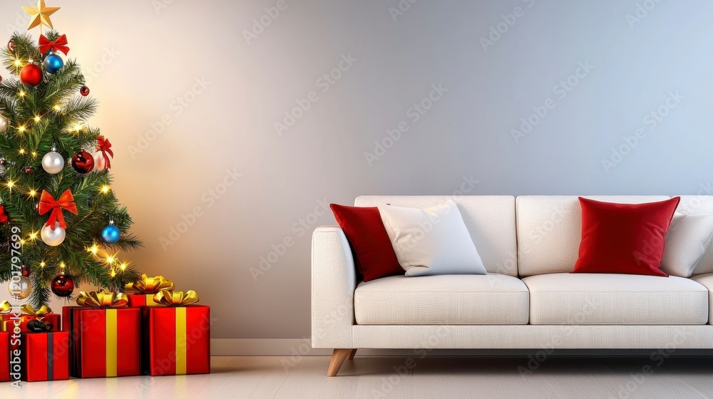 Cozy Living Room with Christmas Tree and Colorful Gift Boxes Cozy Living Room with Christmas Tree and Colorful Gift Boxes