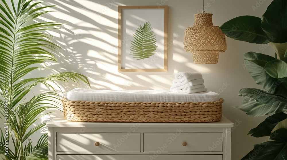 Obraz premium Elegant nursery with natural decor featuring a woven changing basket and tropical plants that create a serene ambiance