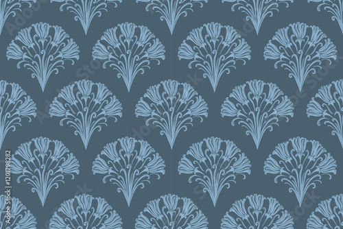 Vintage floral ethnic tapestry modern embroidery texture boho design vector illustration hand drawn silhouette indigo blue fan flower motif branches leaves wallpaper seamless background border.	
