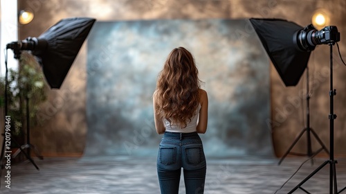 Young woman stands in a studio with soft lighting and professional photography equipment preparing for a photoshoot