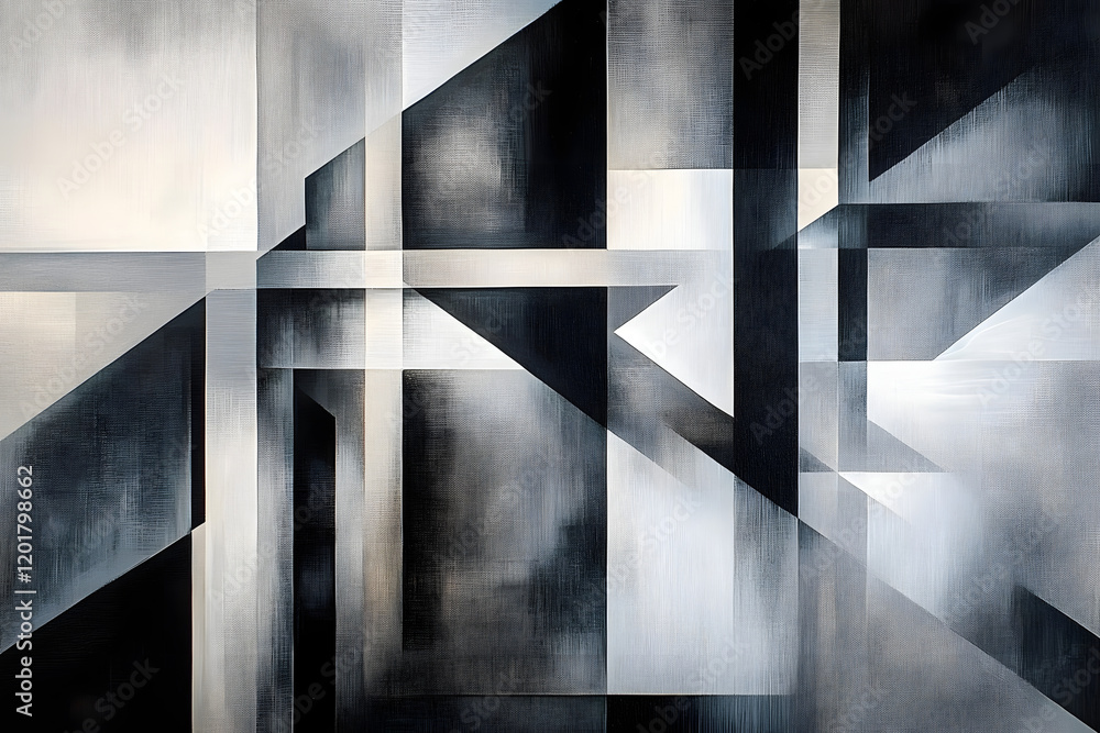 Abstract geometric painting in shades of gray and black, featuring intersecting lines and planes creating a sense of depth and architectural form. Abstract geometric painting in shades of gray and black, featuring intersecting lines and planes creating a sense of depth and architectural form.