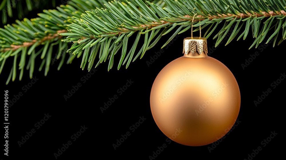 Elegant Gold Christmas Ornament Hanging on Green Pine Branch Elegant Gold Christmas Ornament Hanging on Green Pine Branch
